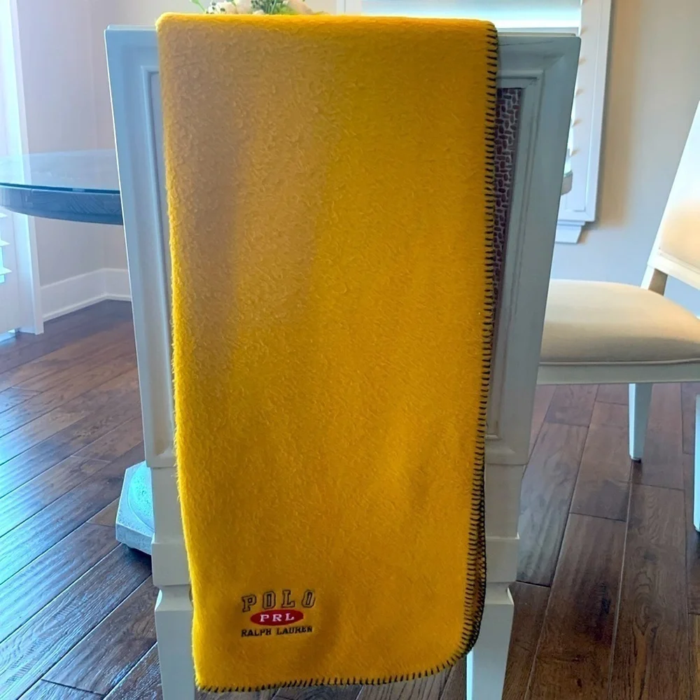 Vintage Ralph Lauren Gold Fleece Decorative Blanket w/ RL Logo. 70X50